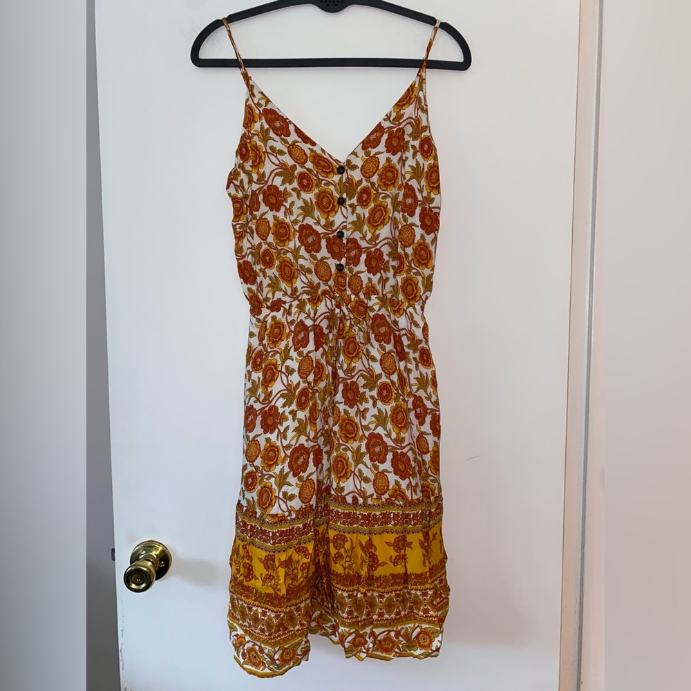 NWOT Floral Red Marigold Mustard Yellow Button Ruffle Tank Dress